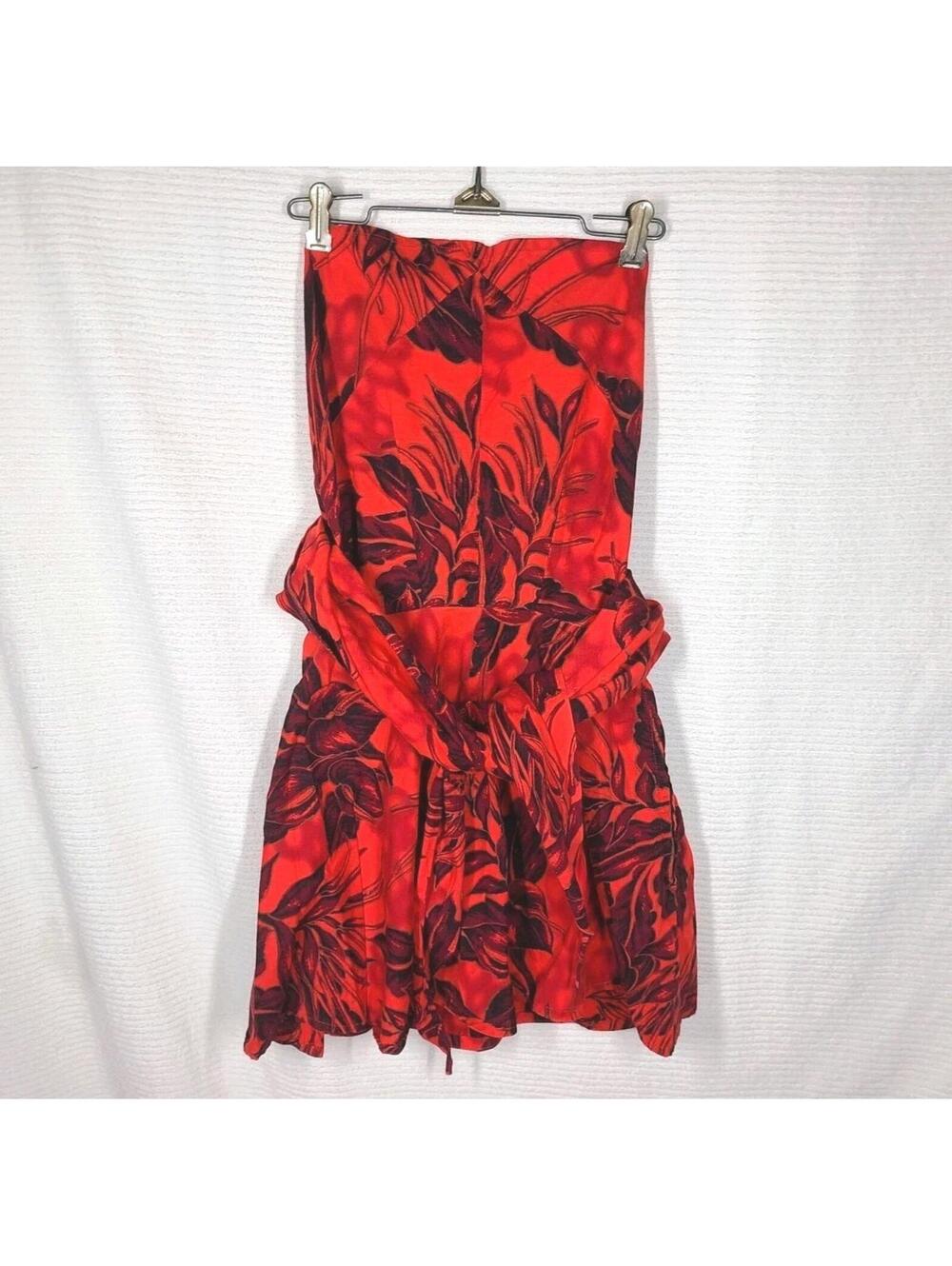 Hawaiian Wrap Mini Dress 1950s Red Gold Cotton Tie Halter Circle Skirt 25w Pinup